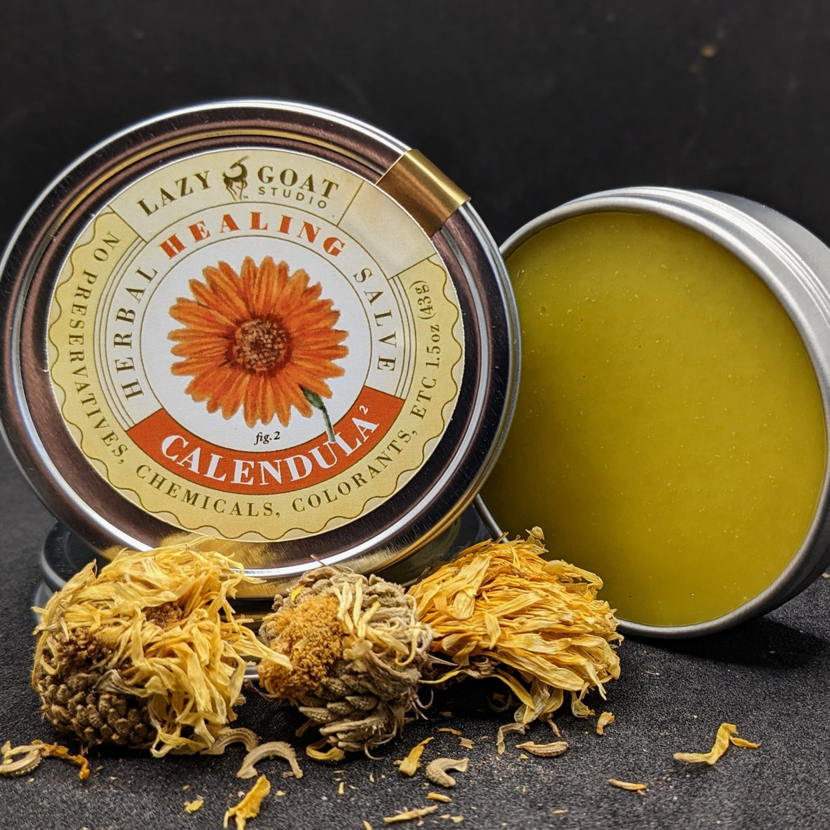 Calendula Herbal Healing Salve in a 1.5oz tin with a twist top.