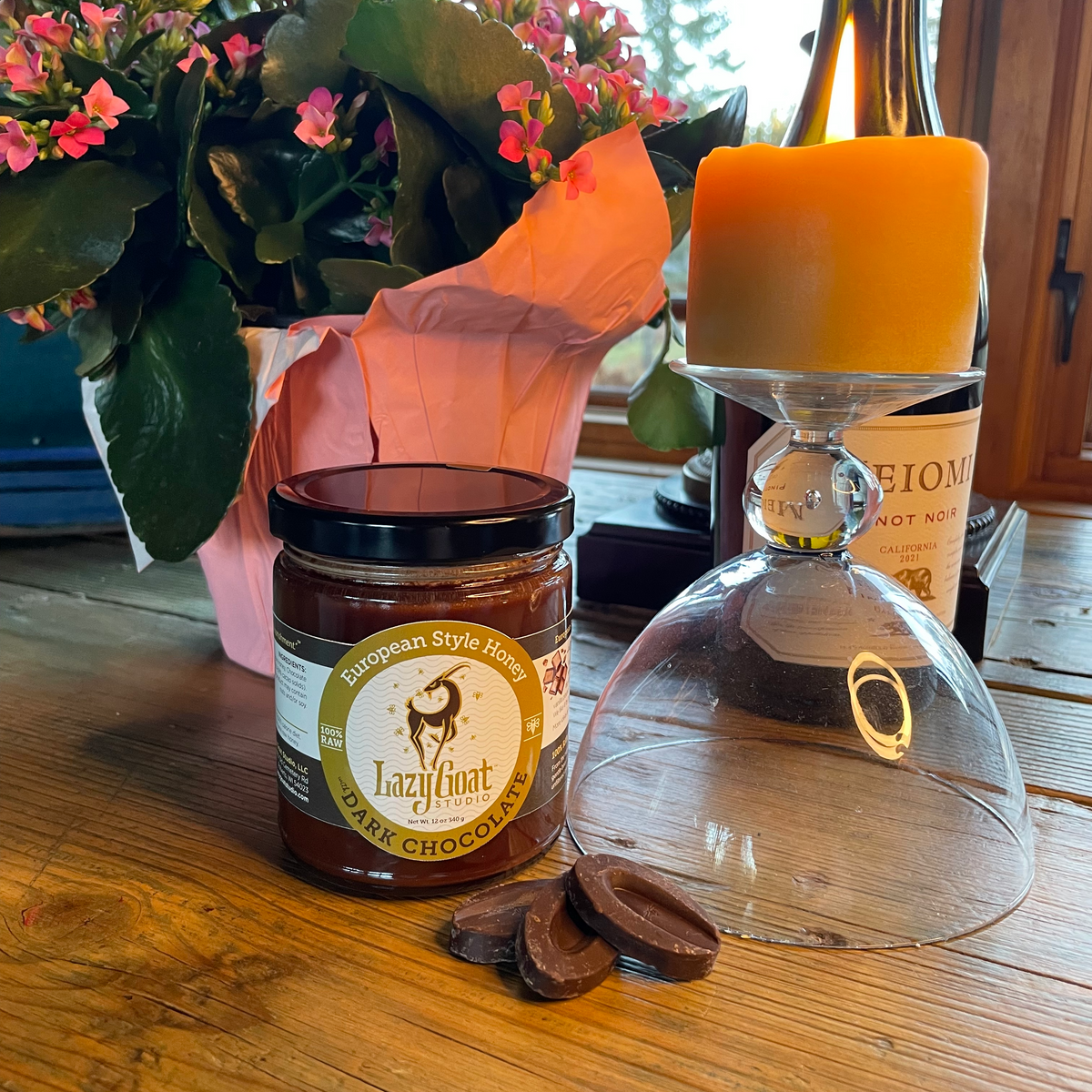 Dark Chocolate Honey with a beeswax Candle.