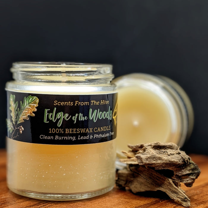 Edge of the Woods Scented Beeswax Candle in a 4oz glass jar. 20+ hour burn.