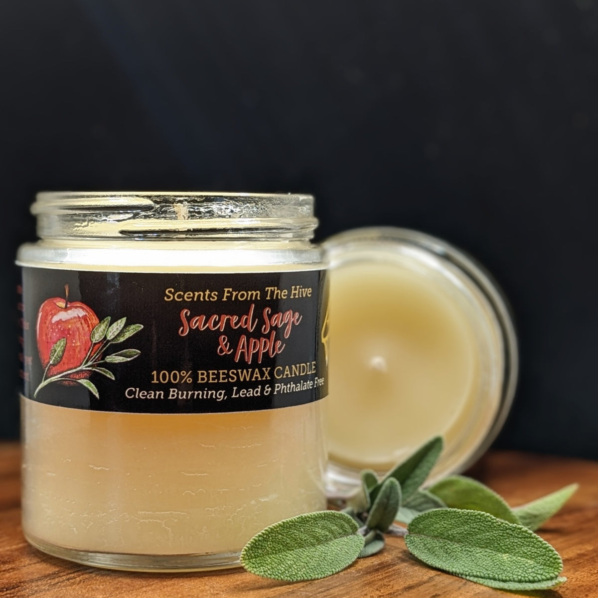 Sacred sage & Apple scented beeswax candle in a 4oz glass jar.