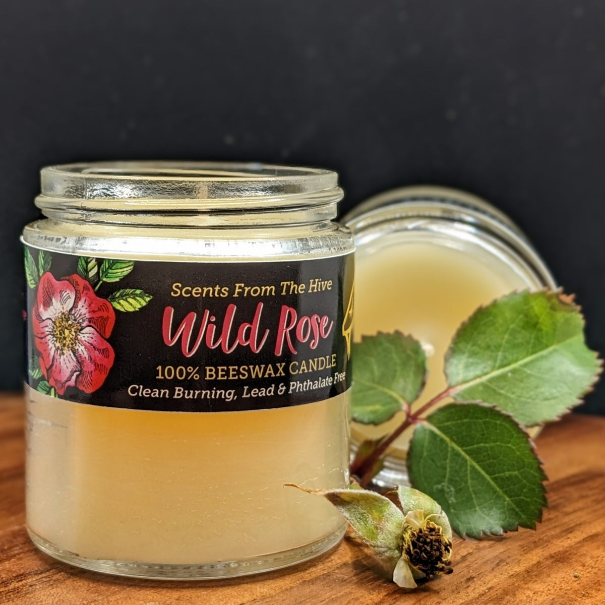 Wild Rose Scented Beeswax candle in a 4oz glass jar. 20+hour burn.