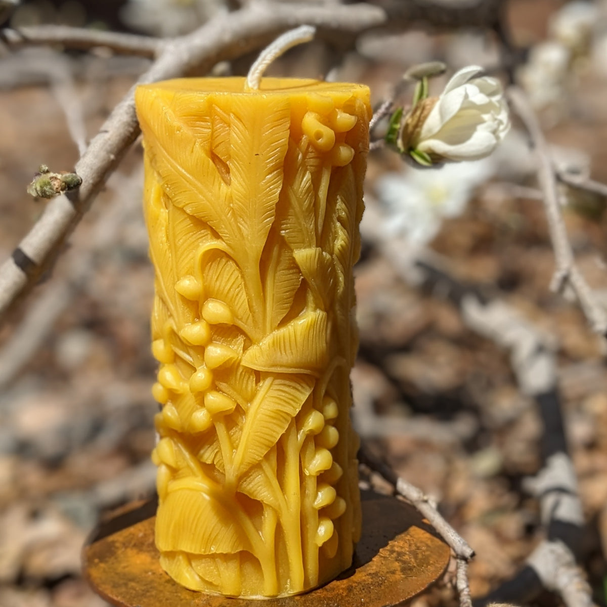 Stunning Lily of the Valley Beeswax Candle.  5"tall and 2.5" wide.