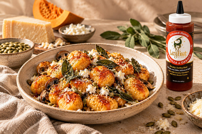Brown Butter Pumpkin Gnocchi with Crispy Sage, Goat Cheese & Pasilla de Oaxaca Infused Honey