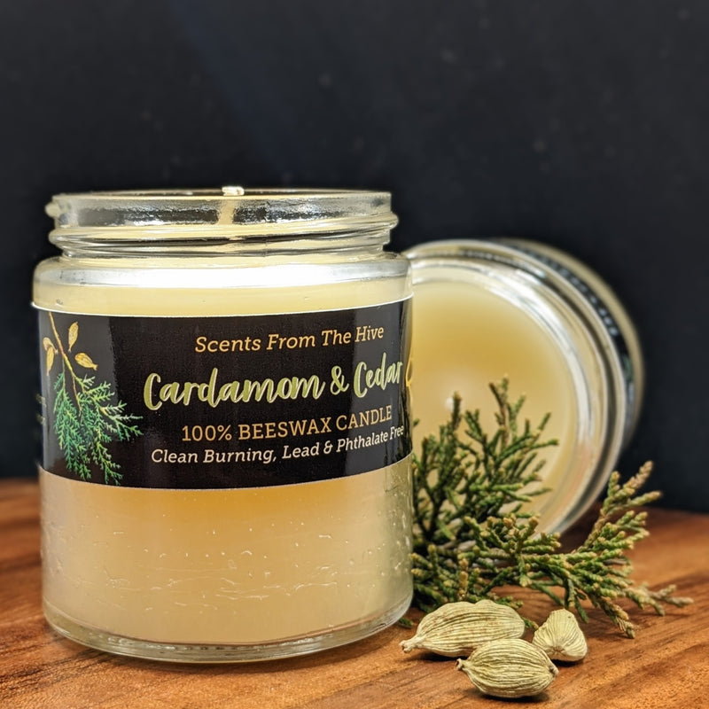 Cardamom and Cedar Scented Beeswax Candle in a 4oz glass container. 20+ hour burn.