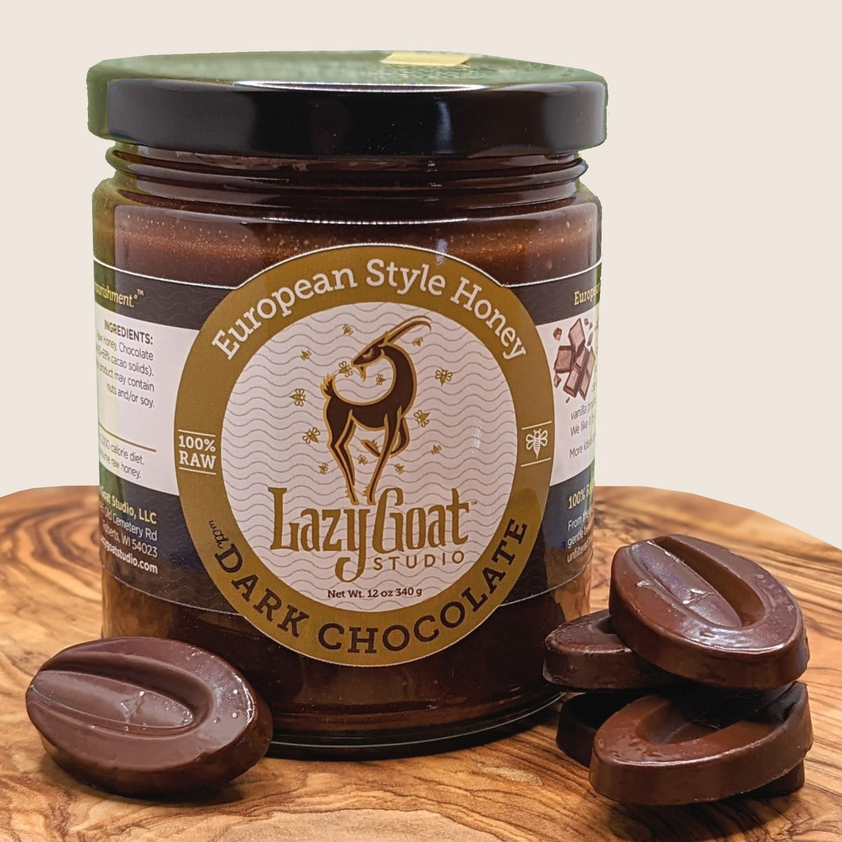 Dark Chocolate "Euro Style Creamed Honey -Euro Style in a 12oz glass jar.