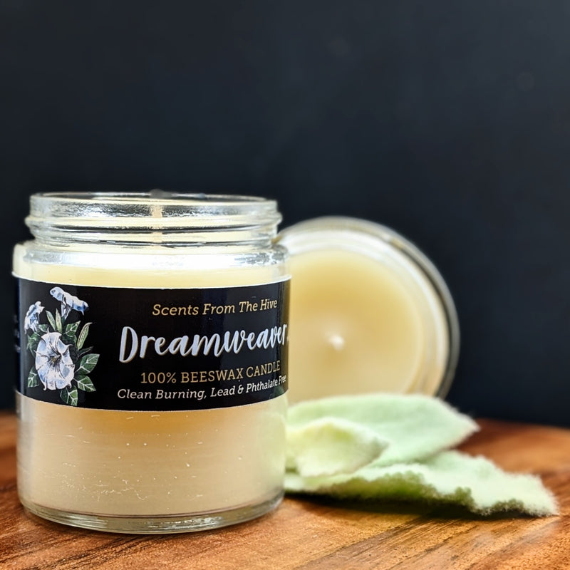 Dreamweaver Scented Beeswax Candle in a 4oz glass container. 20+ hour burn.