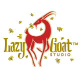 A picture of Lazy Goat Studio's red goat and the goat is kissing a bee.