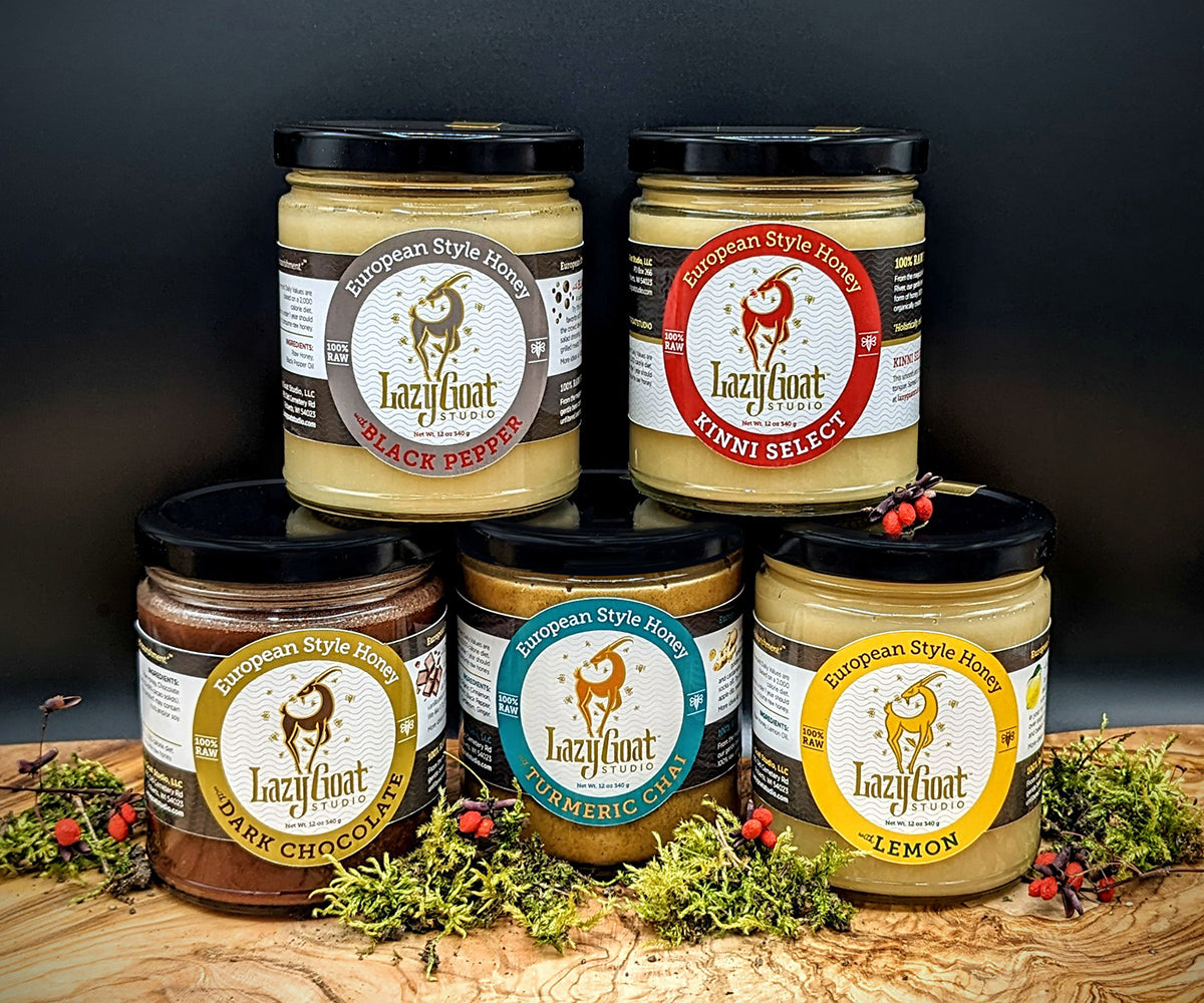 Black Pepper Creamed Honey, Kinni Select (non flavored) Creamed Honey, Dark Chocolate Creamed Honey, Turmeric Chai Creamed Honey and Lemon Creamed Honey.  All creamed honeys are totally Raw and come in a glass 12oz container, ready for your enjoyment.  Keep at room temperature.