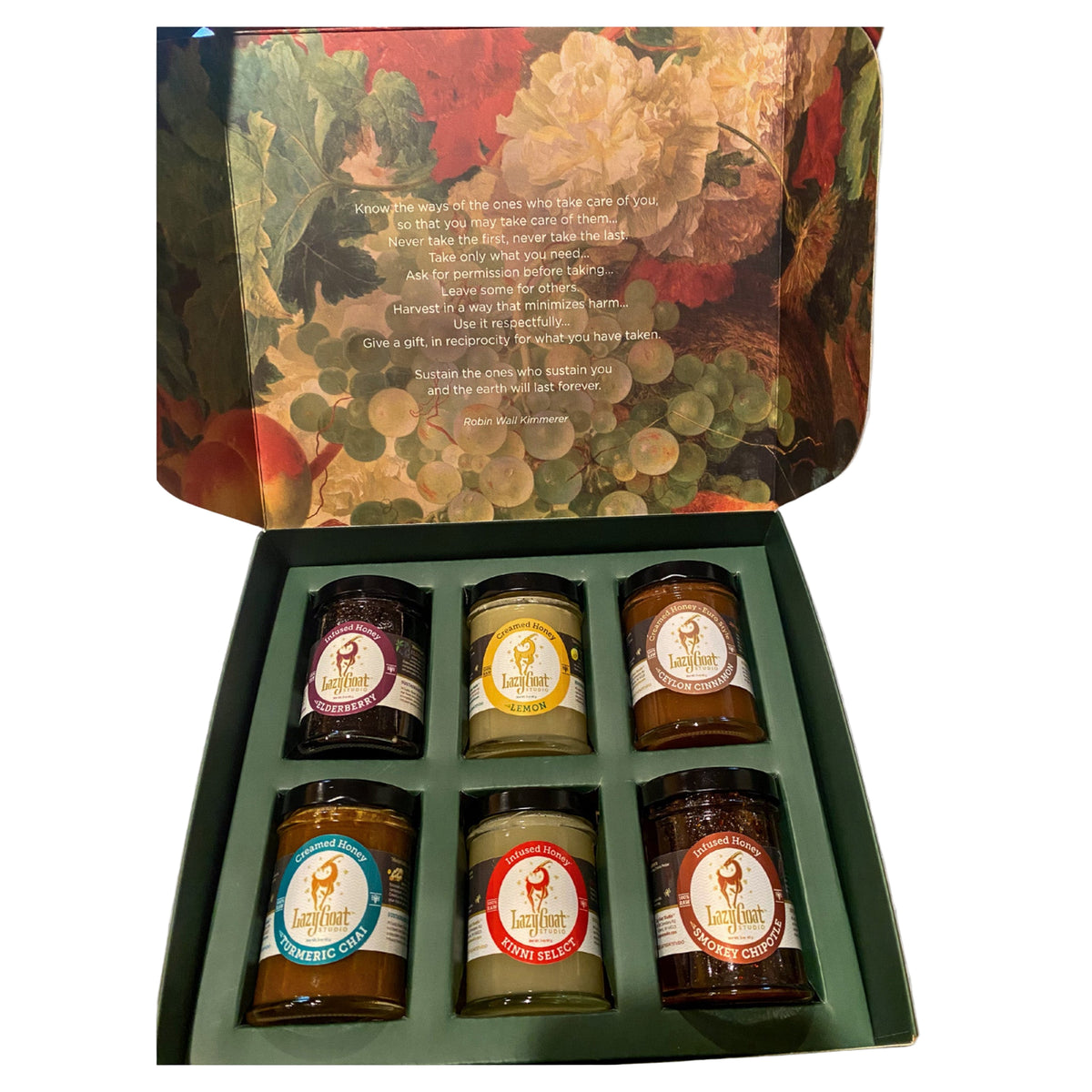 Interior of Honey Lovers Box with a selection of 6 different 3oz Infused Honeys.
