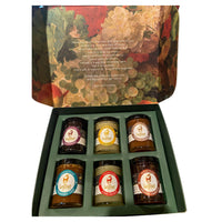 Interior of Honey Lovers Box with a selection of 6 different 3oz Infused Honeys.