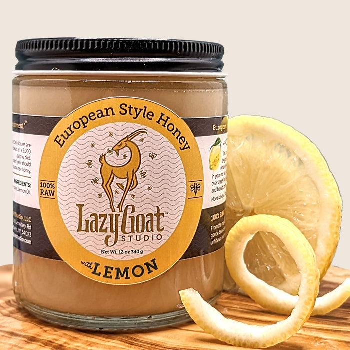 Lemon creamed honey  - Euro Style in a 12oz glass jar.