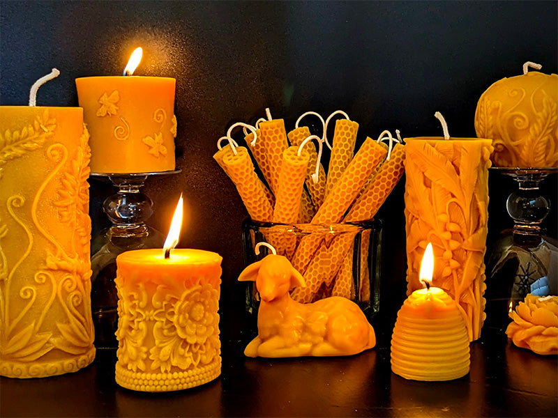 100% beeswax candles molded and hand dipped. Cylinders and tapers.