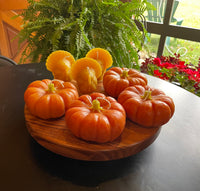 Hand colored Pumpkins and Turkey candles on a wooden display.