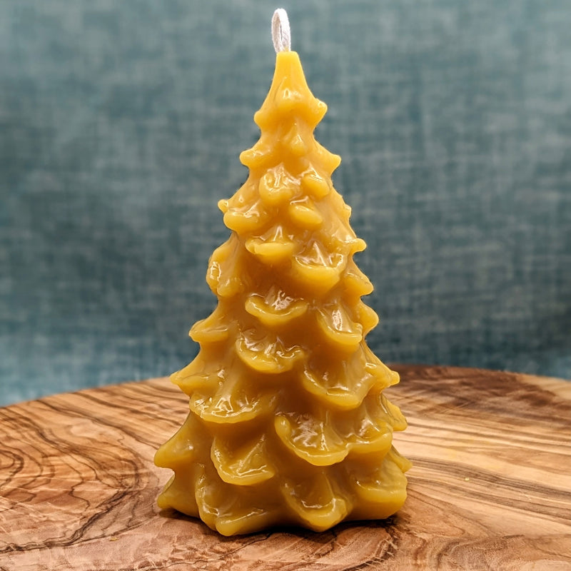 large christmas tree beeswax candle 4.75"tall 2.75" wide natural color 